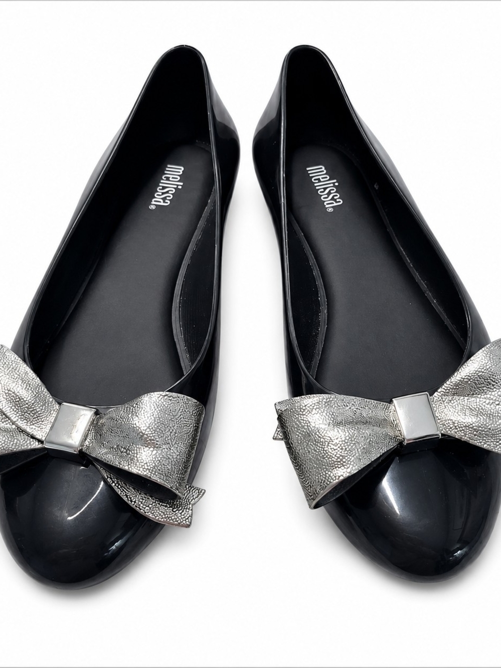 Melissa Black Jelly Ballet Flats Silver Bow PVC Shoes Women’s Size 8